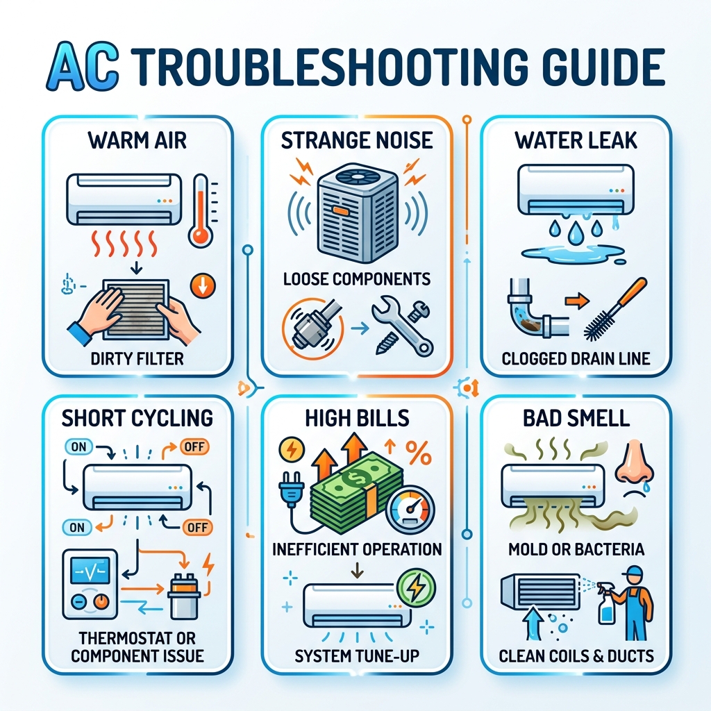 AC Troubleshooting Guide infographic showing 6 common problems and solutions: warm air, strange noise, water leak, short cycling, high bills, and bad smell