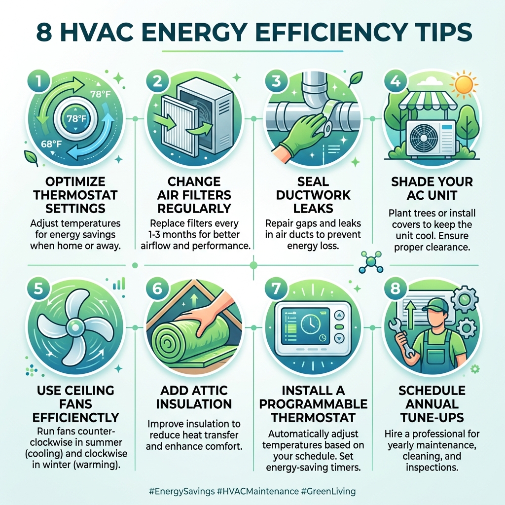 8 HVAC energy efficiency tips infographic including thermostat settings, filter changes, duct sealing, and annual tune-ups