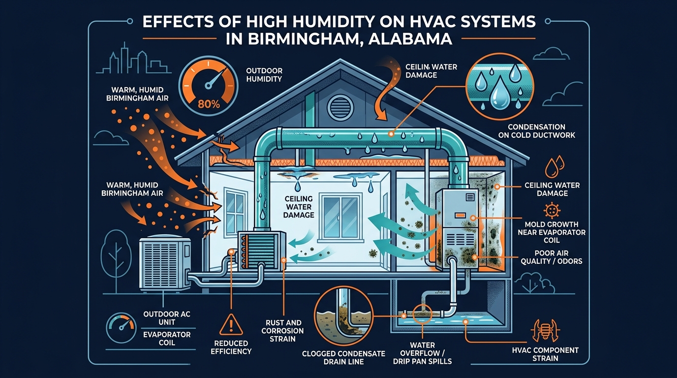 Infographic showing effects of high humidity on HVAC systems in Birmingham Alabama including condensation, clogged drain lines, and mold growth