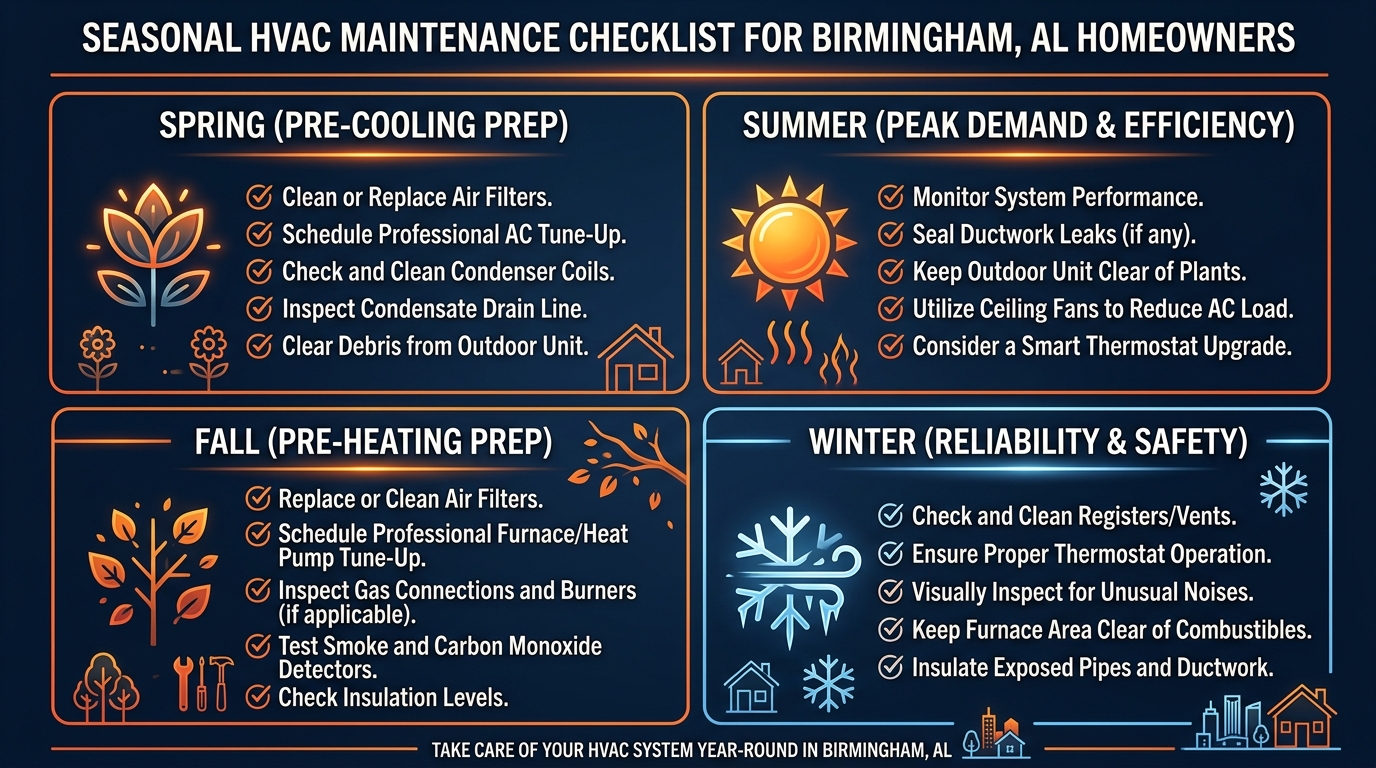 Seasonal HVAC maintenance checklist for Birmingham Alabama homeowners showing Spring, Summer, Fall, and Winter tasks