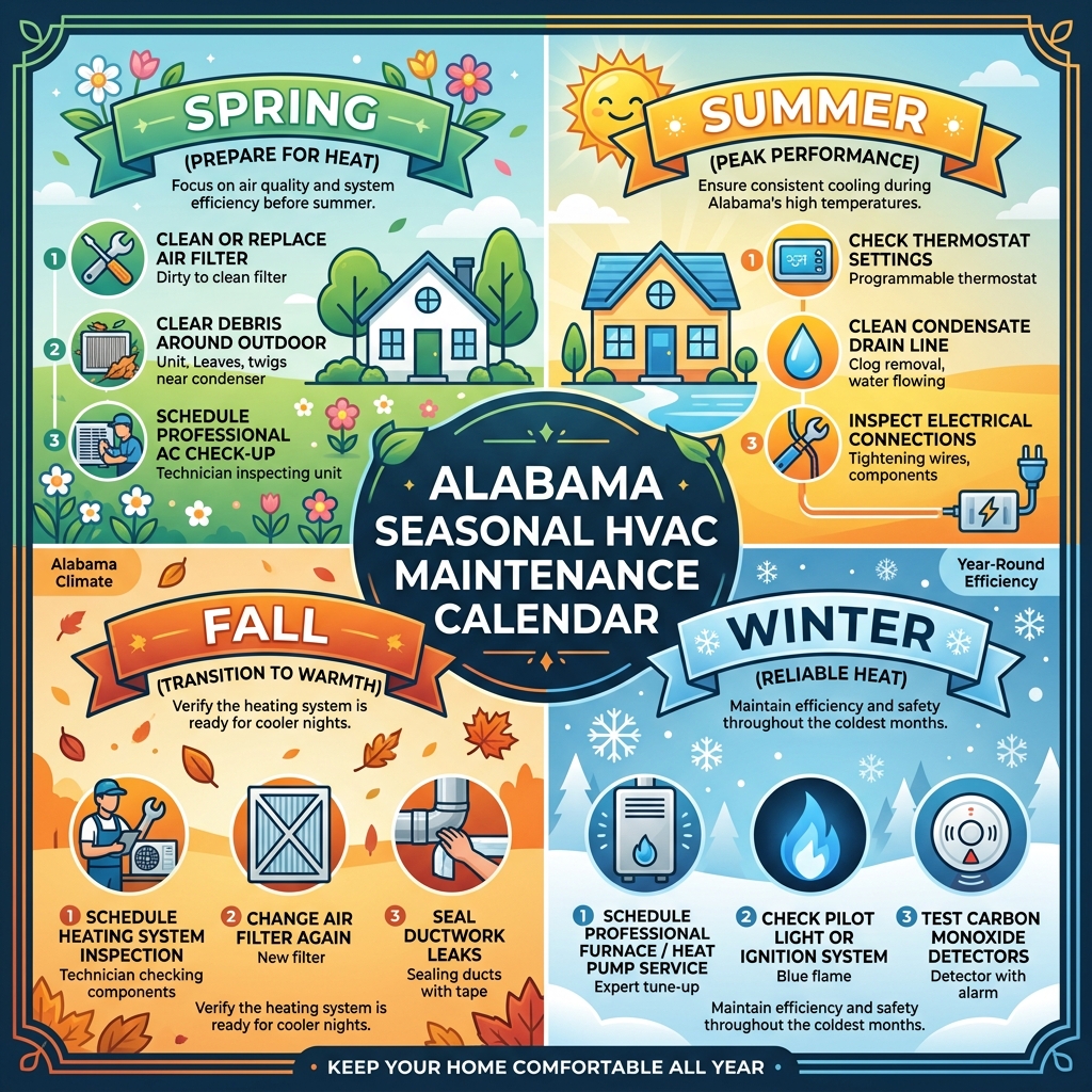 Alabama seasonal HVAC maintenance calendar showing tasks for spring, summer, fall, and winter