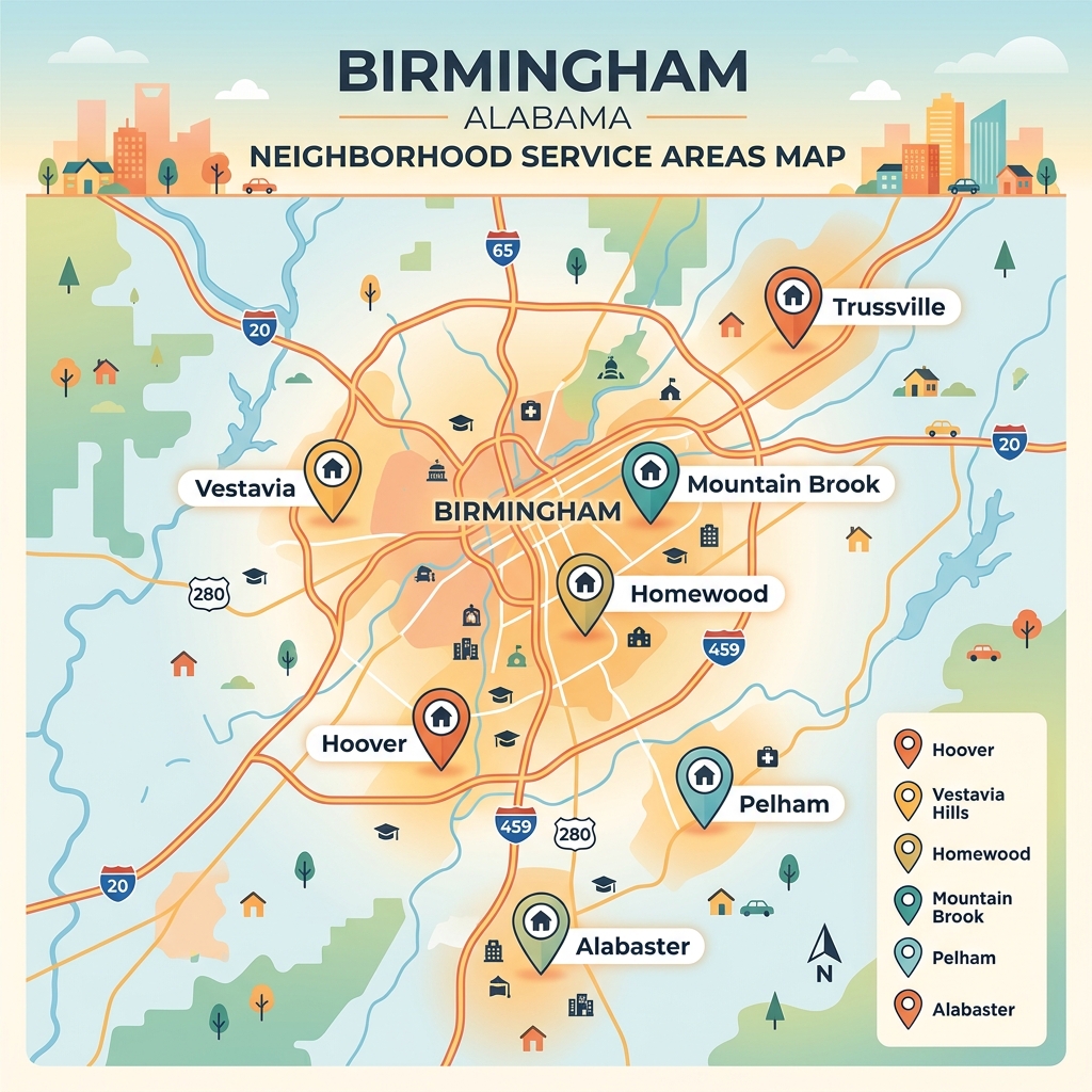 Birmingham Alabama HVAC service areas map showing Hoover, Vestavia Hills, Homewood, Mountain Brook, Trussville, Pelham, and Alabaster