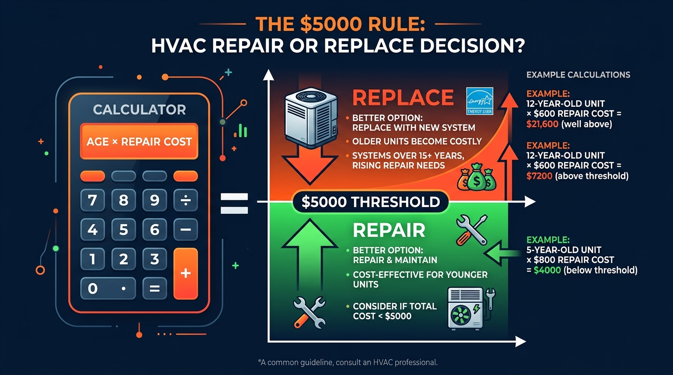 Infographic showing the $5000 rule for HVAC repair or replace decision with calculator, threshold line, and example calculations