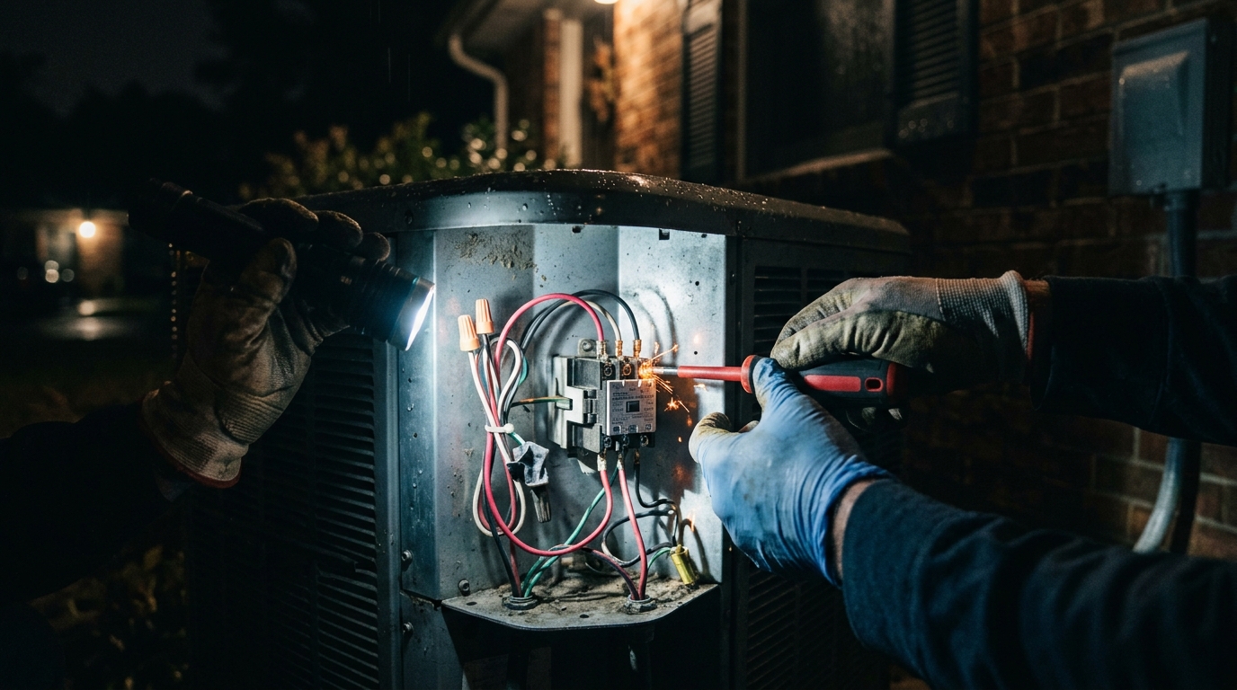 Close-up of HVAC technician inspecting electrical components inside outdoor AC unit during nighttime emergency repair