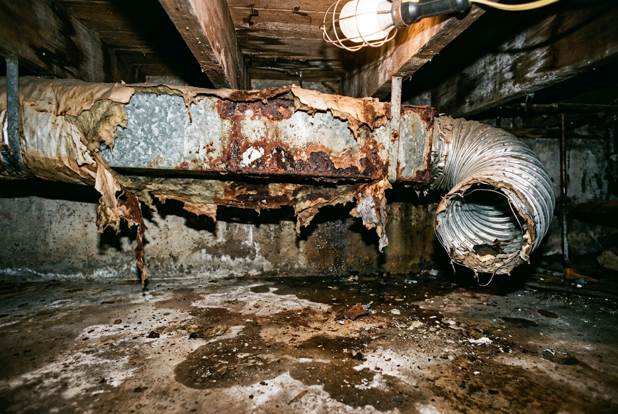 Ductería galvanizada corroída y arranque de ducto flex desconectado en el húmedo espacio de rastreo de una casa de Birmingham Alabama con aislamiento desprendiéndose y manchas de agua