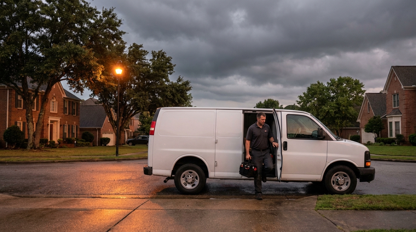 Furgoneta de servicio al anochecer en una calle de Riverchase en Hoover Alabama después de una tormenta de verano