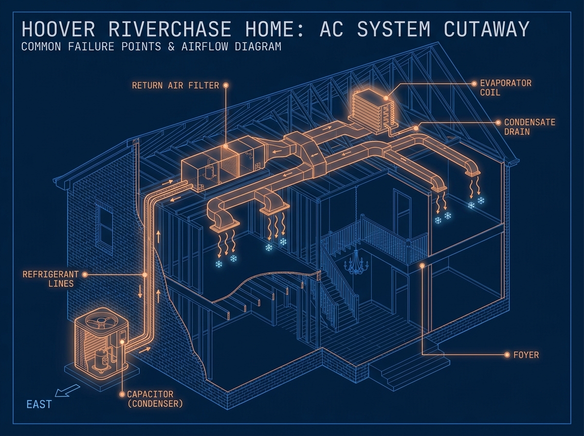 Diagrama técnico en corte de una casa de dos pisos de Hoover Riverchase mostrando el flujo de aire del sistema AC, con indicaciones del condensador, líneas de refrigerante, serpentín evaporador, filtro de retorno de aire y drenaje de condensado