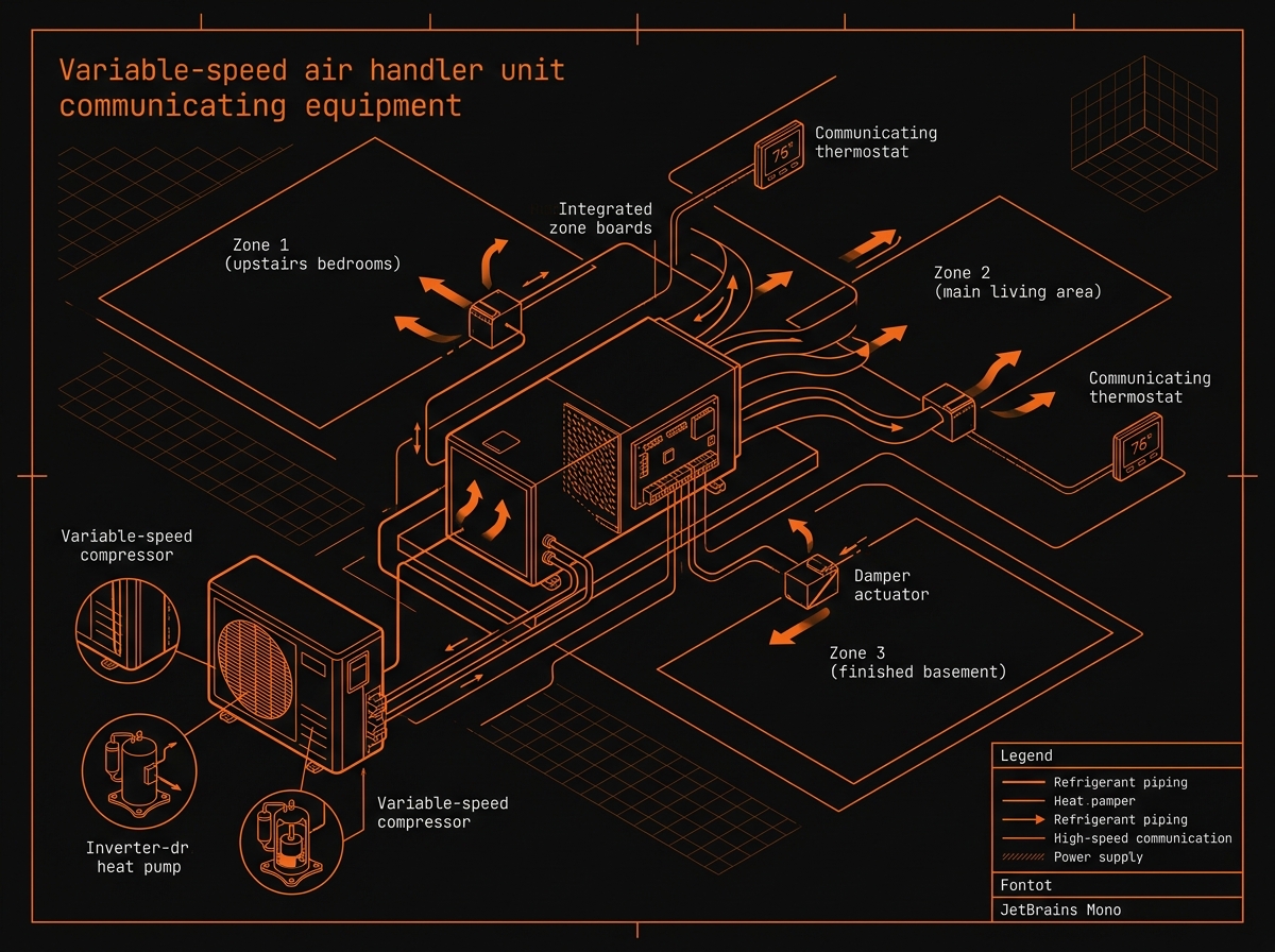 Diagrama técnico de un sistema HVAC de cuatro zonas mostrando tarjeta de control, cuatro actuadores de damper, damper de derivación, manejador de aire Trane XL, condensador de dos etapas y cableado del bus ComfortLink II