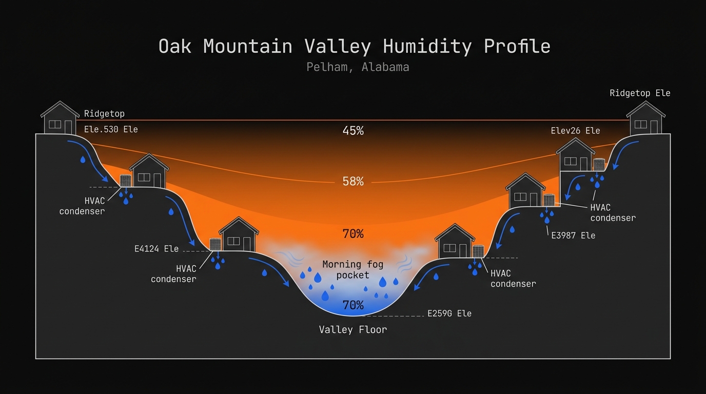 Infografía del perfil de humedad del valle que muestra el gradiente de humedad desde el techo de Double Oak Mountain a 1,260 pies hasta el piso del valle de Pelham y el corredor del río Cahaba con indicadores de porcentaje de humedad relativa