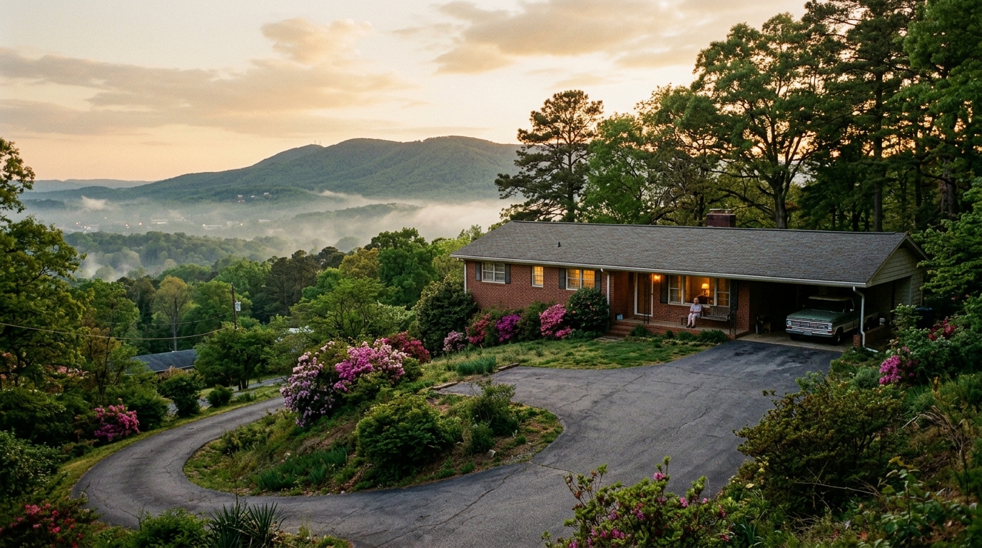 Casa de rancho de mediados de siglo en la sierra de Vestavia Hills al atardecer en Shades Mountain, Alabama, con luces cálidas del porche contra un cielo vespertino que se enfría