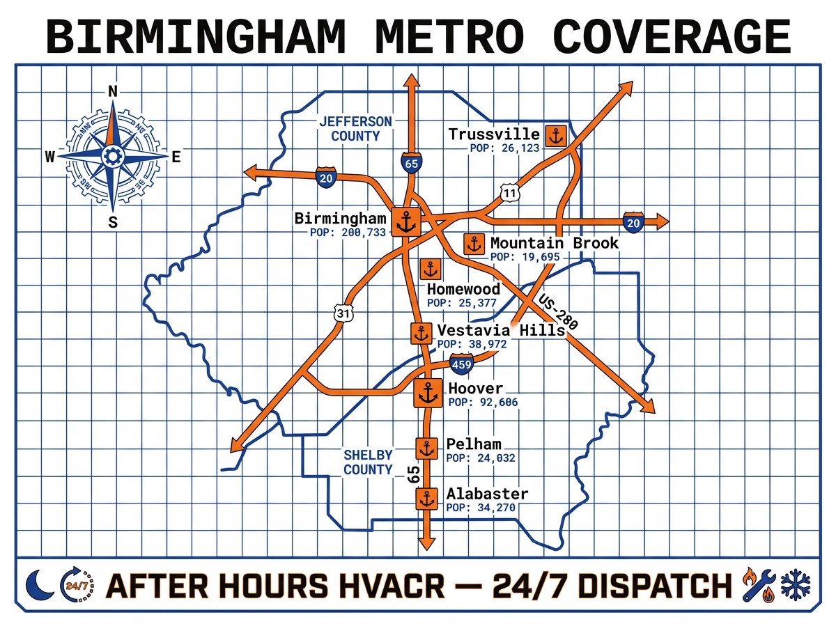 Birmingham metro HVAC coverage map — 8 cities